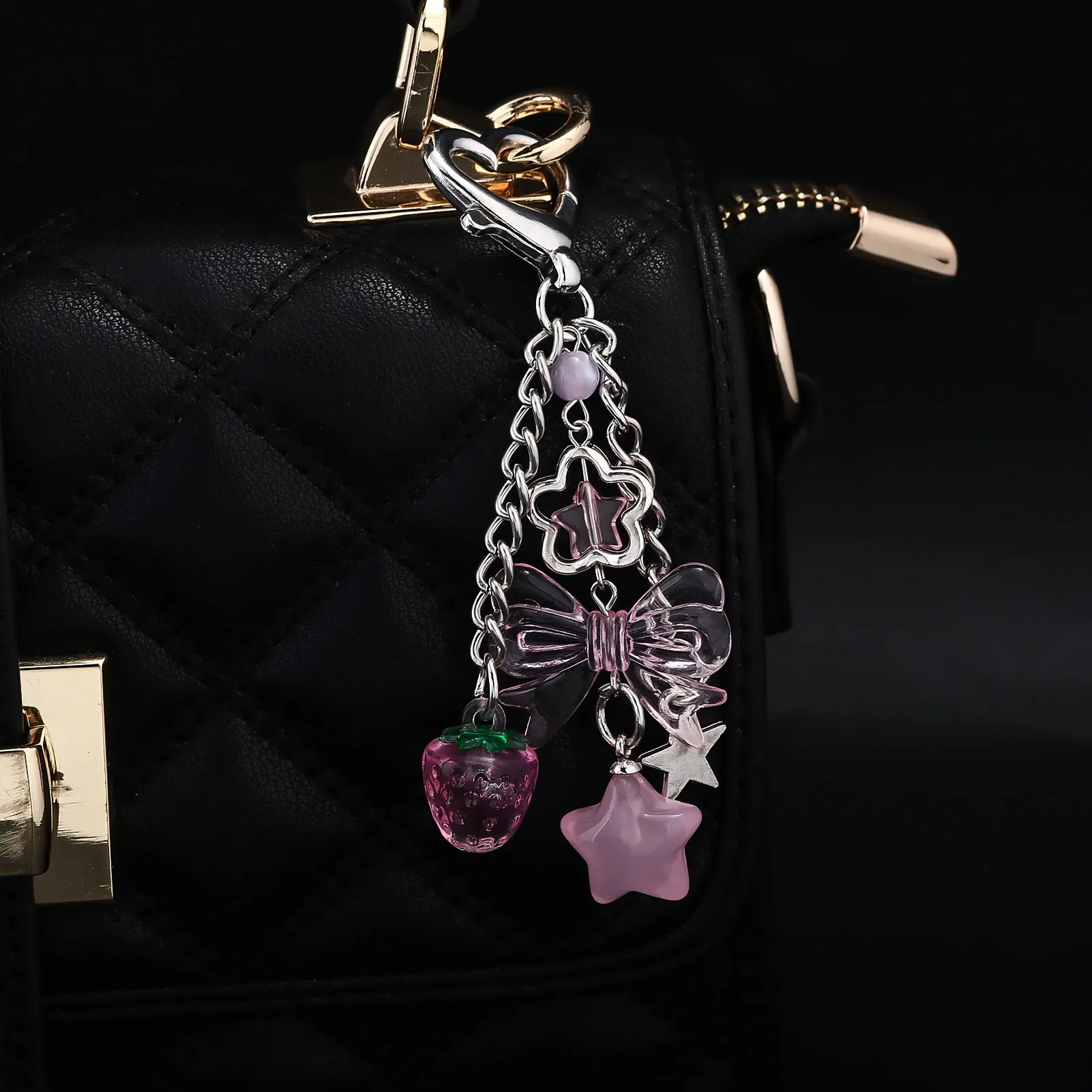 Y2k موضة زهرة ستار الحب القوس الفراولة قلادة سلسلة مفاتيح مصنوعة من الأكريليك طالب المرأة حقيبة الظهر السراويل سلسلة