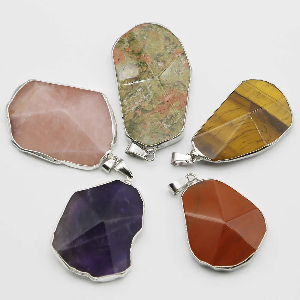 Selling Natural Stones Crystal Irregular Silver Edge Raised Cut Face Pendants Necklace Charms Jewelry Accessories Wholesale 8Pcs