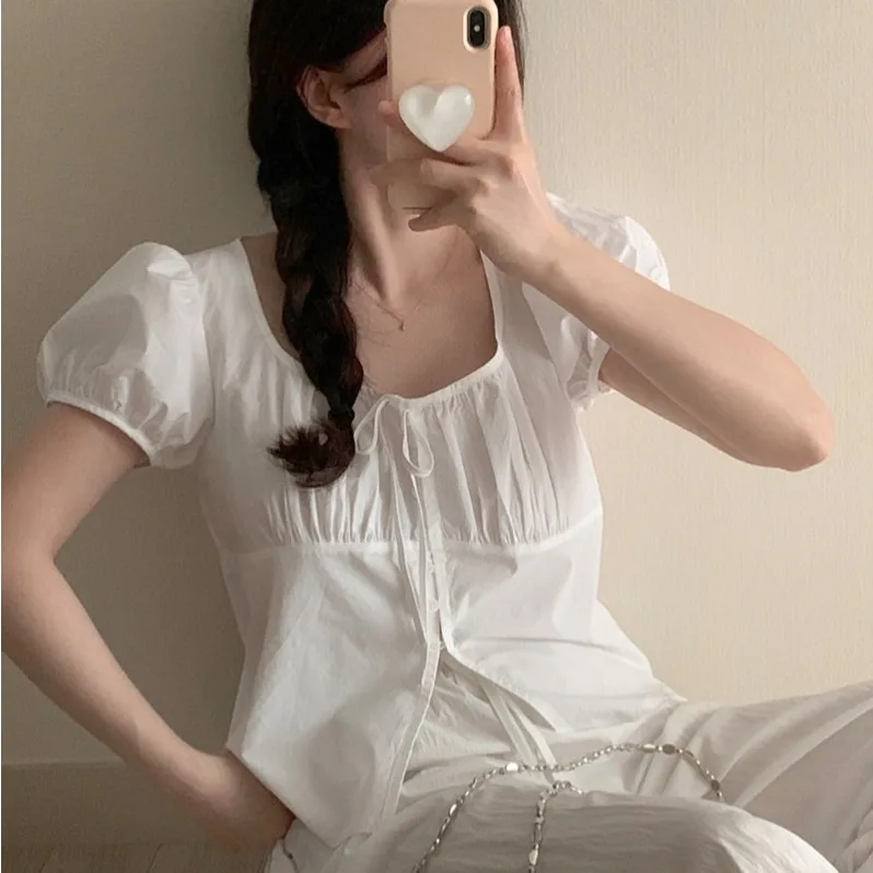 Single-Button Bow Short-Sleeve Shirt Women's Fashion Summer 2026 Short Length Pure Color Bubble Sleeve Other Material 100%