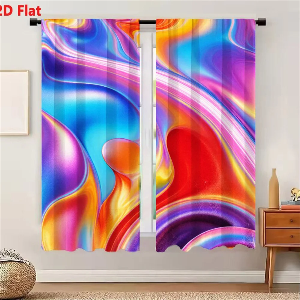 2Pcs Curtains 2D Flat Abstract Digital Artwork Swirling Fluid Shapes Vibrant Gradient Colors Blue Red Orange Pink Smooth Transit