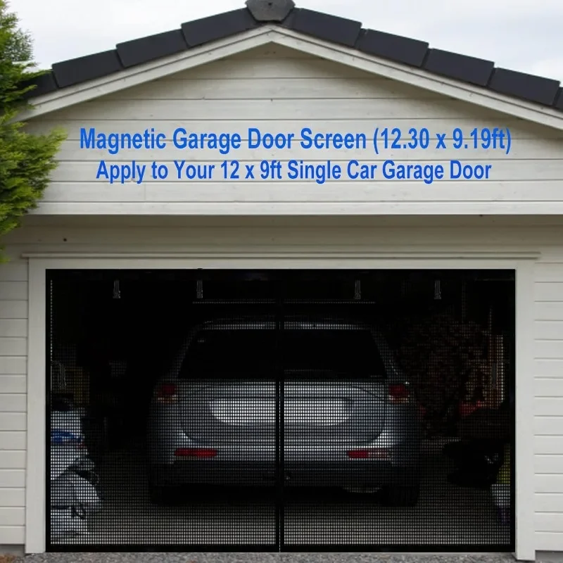 1 Car Garage 12x9ft, Heavy Duty Durable Fiberglass Screen Mesh, Hook & Loop Tapes, Strips, Doors Screen with Powerful