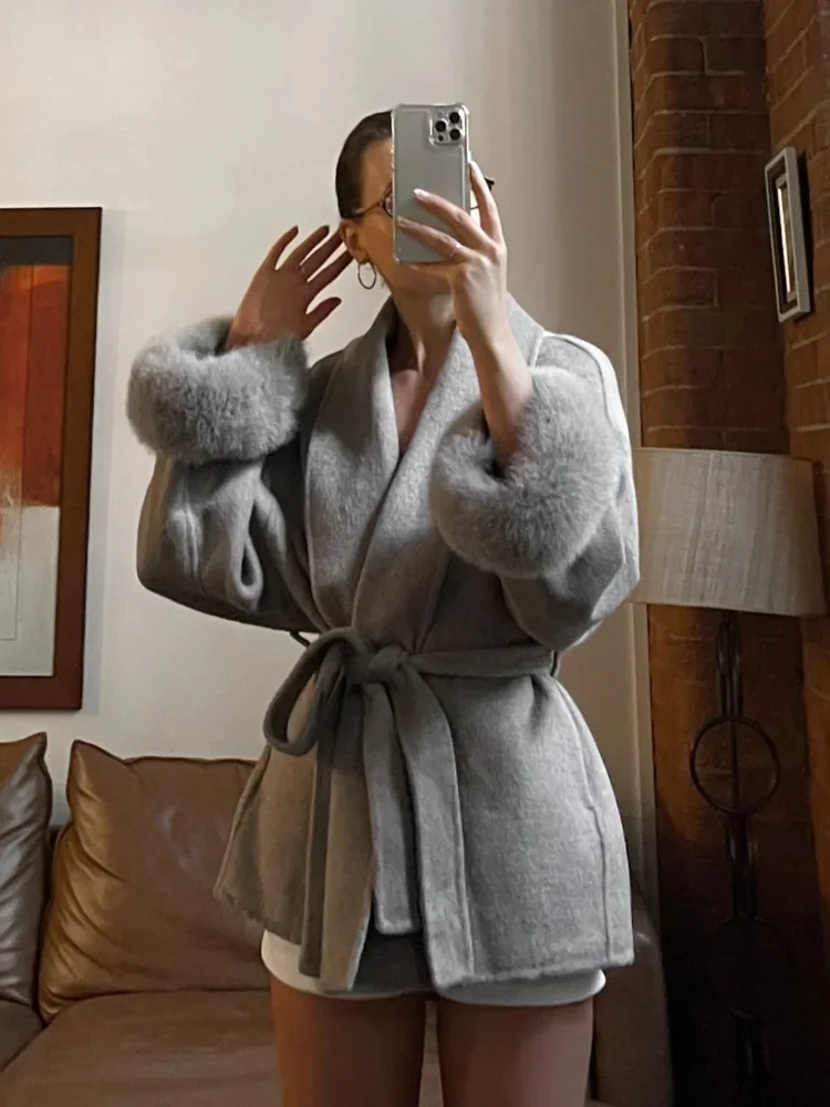 

Elegant Lace Up Solid Short Coat Solid Loose Lapel Furry Belt Long Sleeve Jacket Female 2025 Autumn Winter Lady Tops