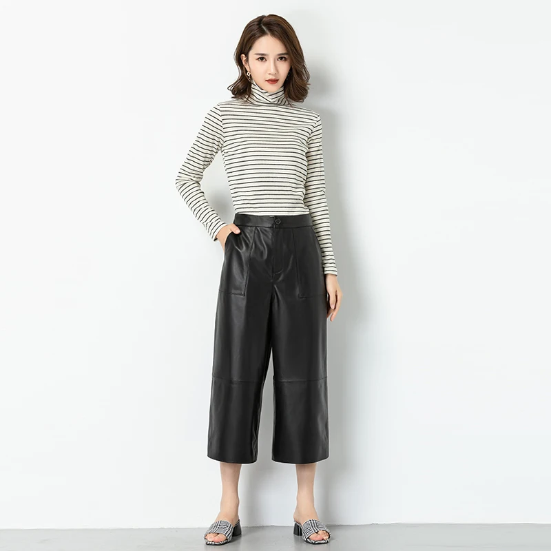 

High Waist Wide Leg Pants Women's eepskin Leather Seven-Foot Pants Autumn Winter New Sle Commute Sle ket Detail