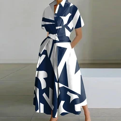 Vintage Abstract Print Boho Long Dress 2023 Spring Waist Buttoned Lapel Shirt Dress Women Short Sleeve A-Line Summer Beach Dress