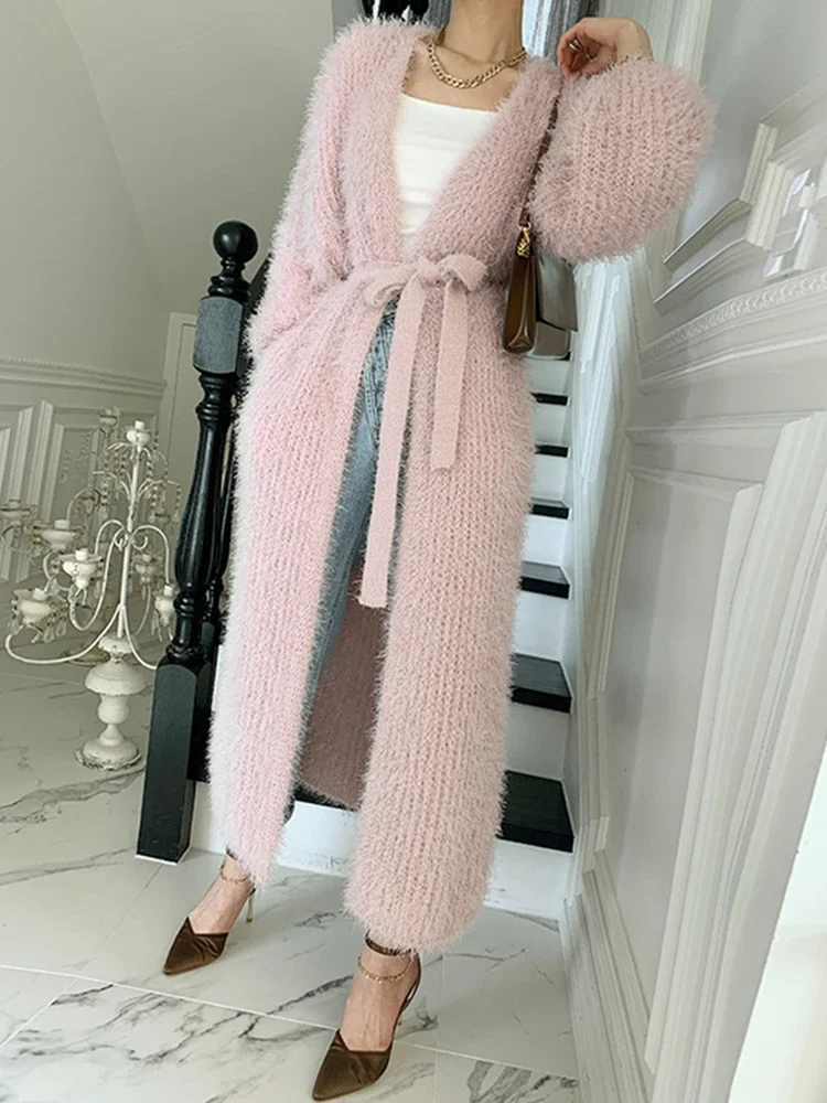 Loribindwood New 2023 Women\'s Autumn Winter Sweaters Elegant Lady Mohair Cardigans Fashionable Lace Up Pink Long Knitwear