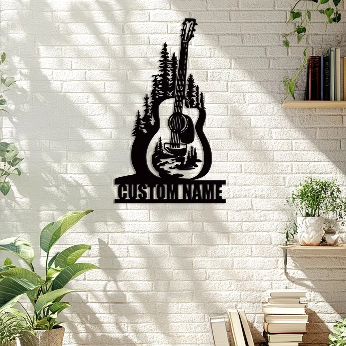 Custom Guitar Metal Wall Art - Personalized Name, Forest & River Silhouette Design, Decor for Door, Living Room, Outdoor Patio