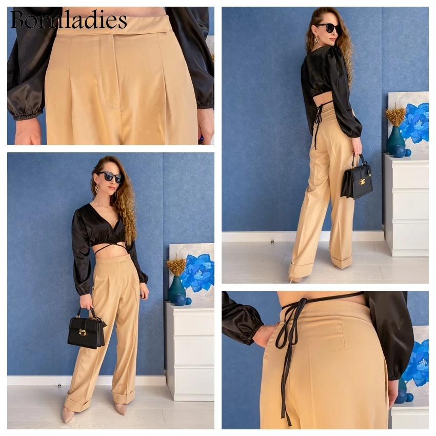 Bornladies Autumn Black Ladies Office Trousers Women High Waist Pants Pockets Female Summer Pleated Wide Leg Pants Solid 2022