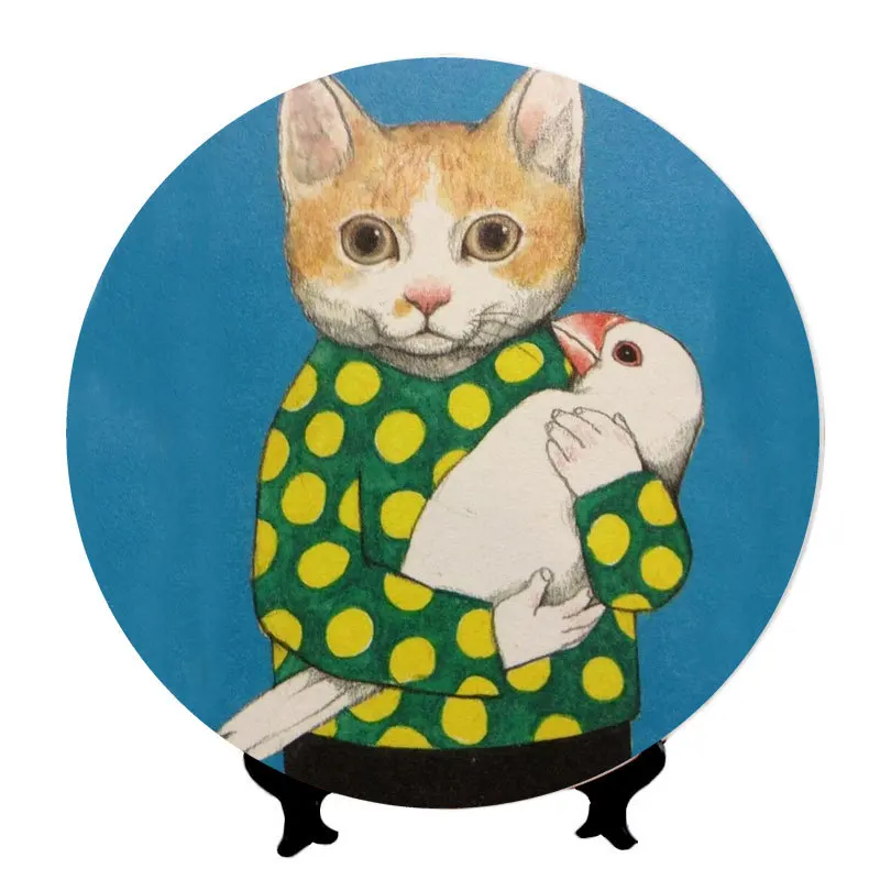 Higuchi Yuko Decorative Plate Japanese Design Lovely Cat Dish for Home Decoration Dim Sum Tray for Party Ceramic Round Art Tray