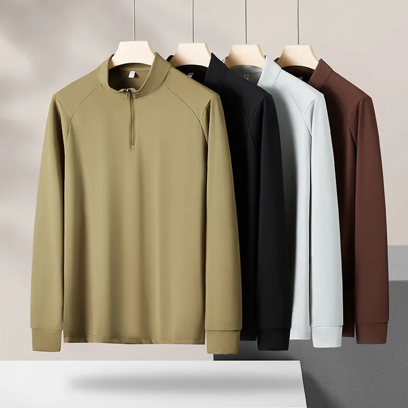 7A Antibacterial + Far-Infrared Function】New Autumn Style Half-Zip Stand-Up Collar Men's Solid Color Versatile Long-Sleeve T-Shirt