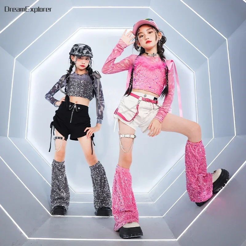 Girls  K-pop Sequin Crop Top Street Dance Shorts Kids Hip Hop Jazz Hot Pants Clothes Sets Children Streetwear Girl Group Costume