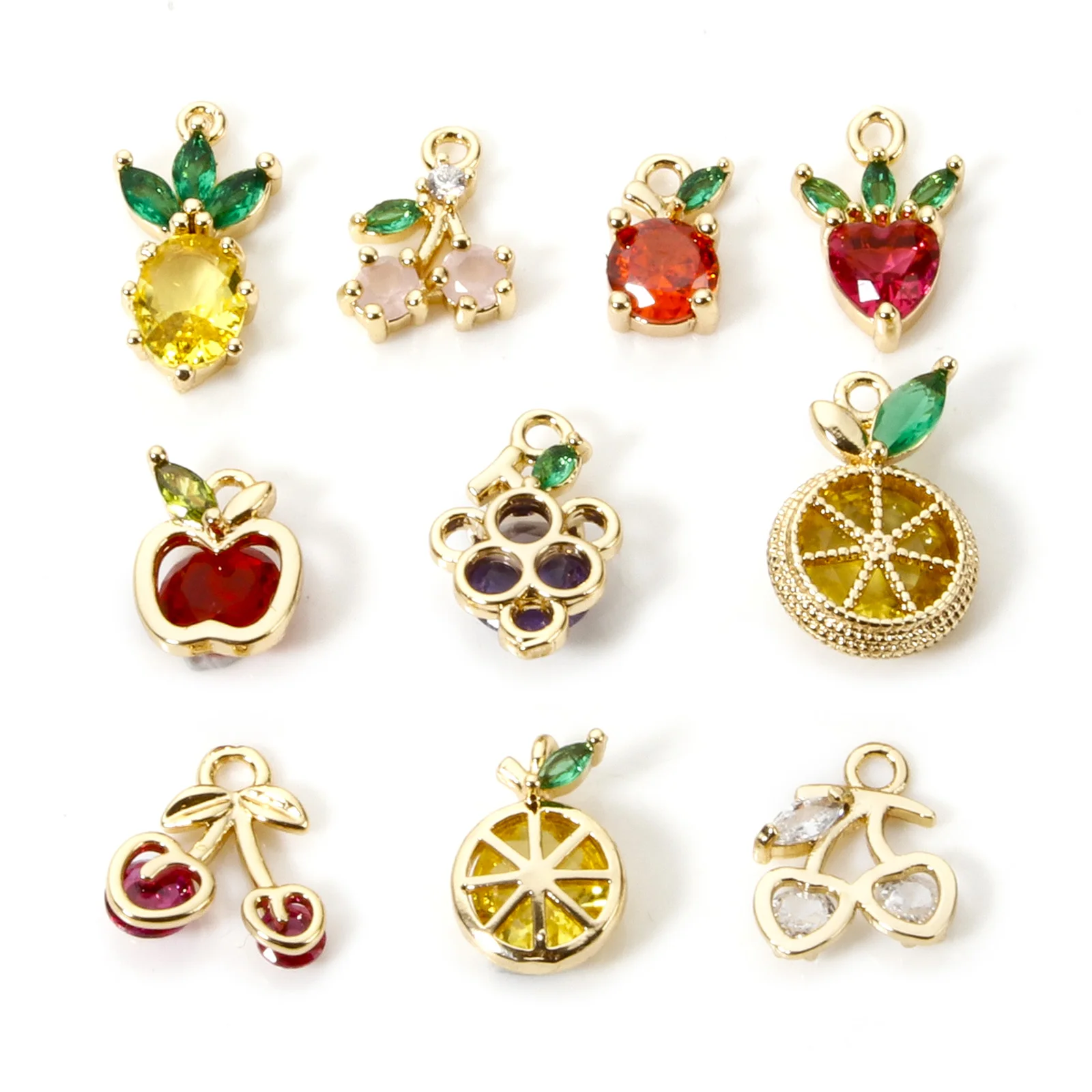 2 pçs encantos de bronze 18k real banhado a ouro frutas strass abacaxi laranja cereja morango pingentes para diy colar fazendo