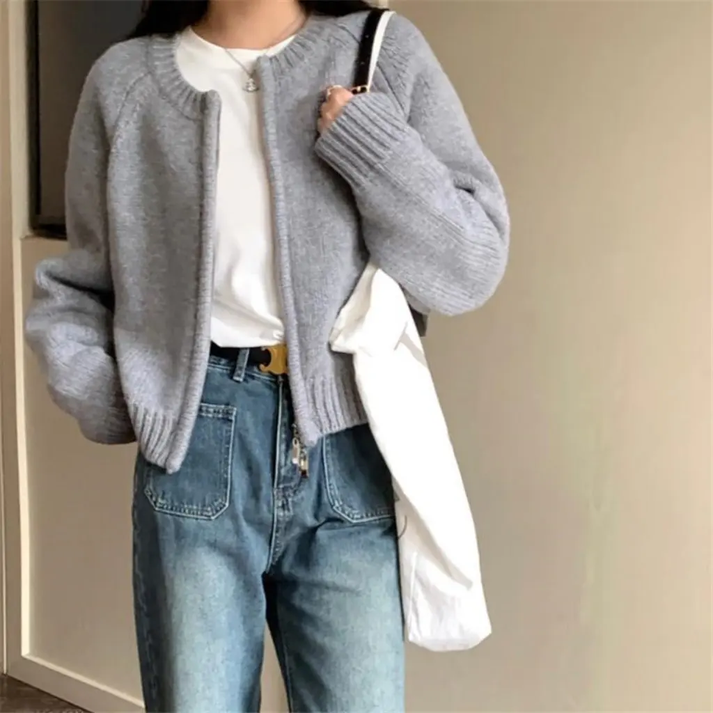 Женский серый короткий свитер, куртка, свободный утолщенный кардиган на молнии с длинными рукавами, вязаный топ на осень-зиму