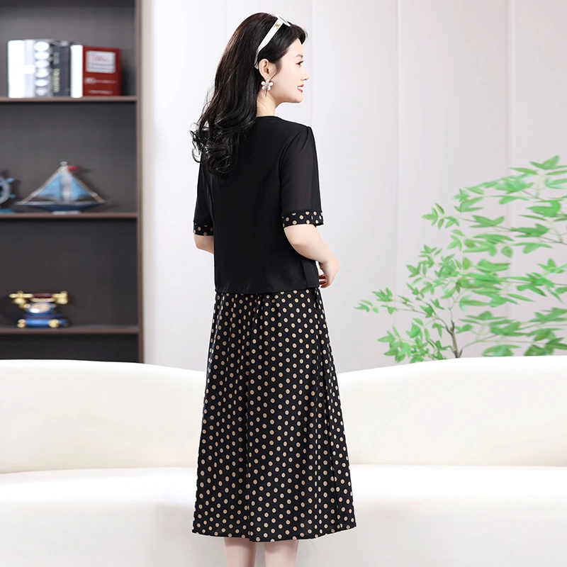 女性ヴィンテージドットプリントミディ Dress2025 ファッションエレガントな女性偽二枚スプライシングプルオーバーカジュアルローブ