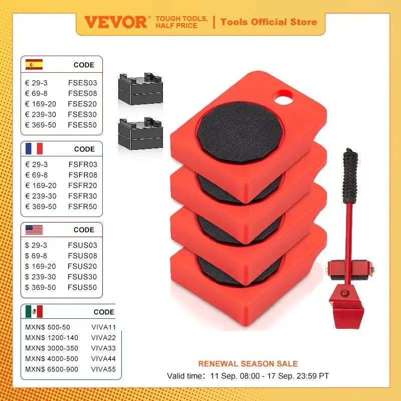 

VEVOR 4pcs 250Lbs Furniture Mover Sliders Labor-Saving Heavy Duty Lifter Moving with Wheel Bar Hand Transport Tool Remover Kit