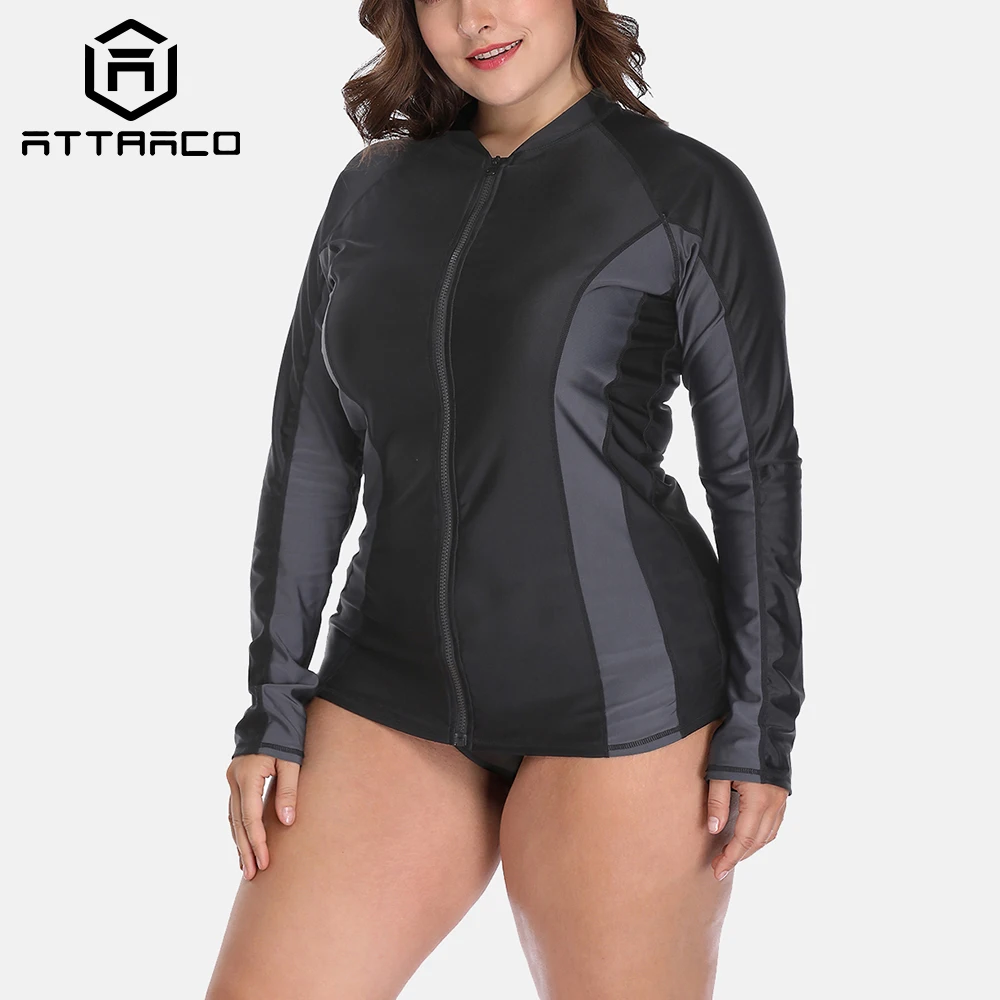 Attraco Women Plus Size Long Sleeve Rashguard Zipper Swimsuit Shirts Top UPF50+ Womens Swimwear UV-Protection Rash Guard