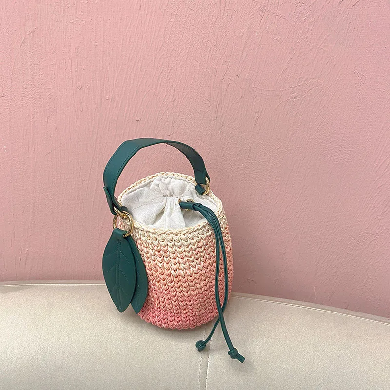 Cute Bucket Bag Portable Shoulder Hand-Woven Gradual Change Peach Straw Leaf Vacation Casual Messenger Bag