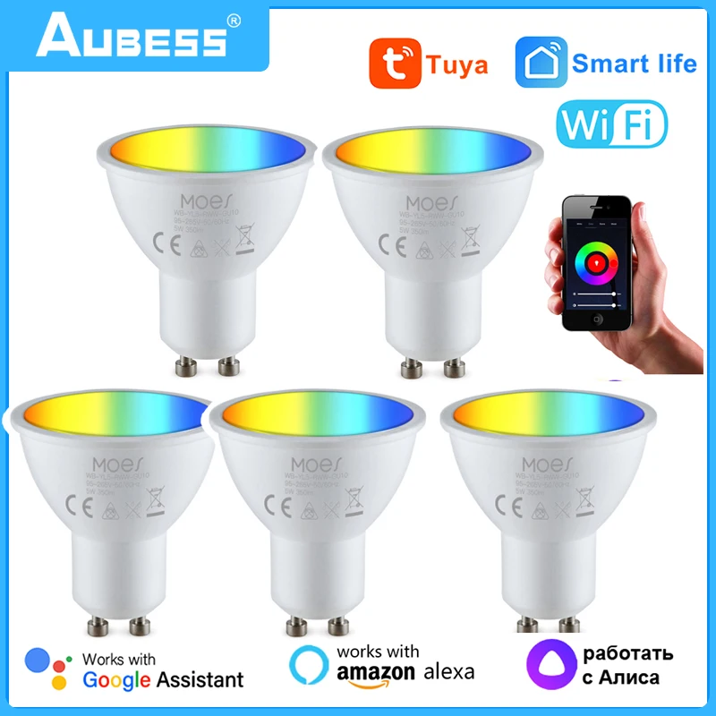 Aubess tuya gu10 wifi luz inteligente lâmpadas led rgbcw 5w pode ser escurecido lâmpadas vida inteligente controle remoto contro trabalho com alexa