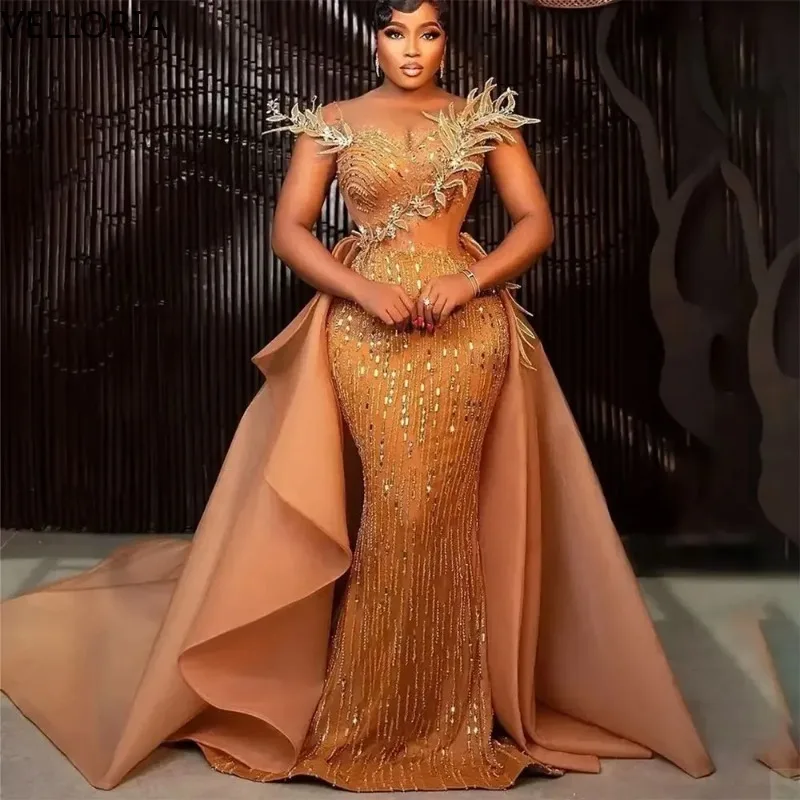 

Gold Sequin A-Line Aso Ebi Dress Dramatic 3D Wing Shoulder Beaded Detachable Tulle Cape Train Luxury Formal Evening Gown Custom