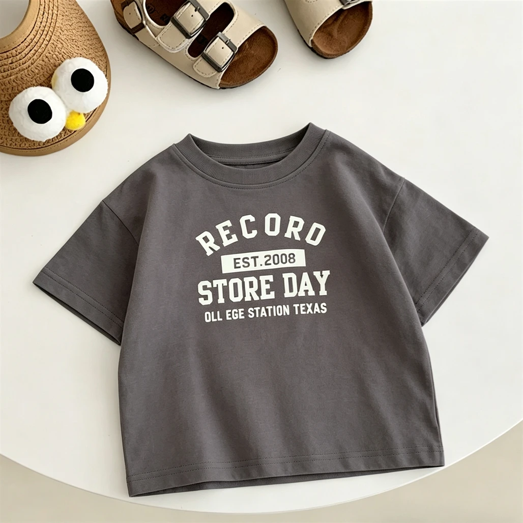 Kids Letter Tshirt Casual Loose Clothes Short-sleeved Tops Children Summer Clothes Simple All-match Base Shirt Gray Brown Tees