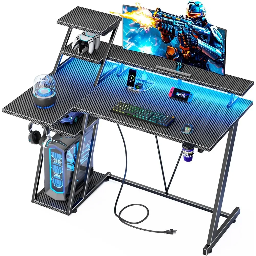 Premium 39 Inch Gaming Desk with LED Lights & Power Outlet, Small Gaming Computer Desk with Storage Shelves, L Shaped Gamer Work