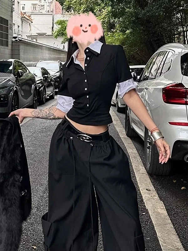 American Sle faux deux pièces Ne T-irt femmes été nouveau Faion minceur couleur Blo ort Sve Design haut