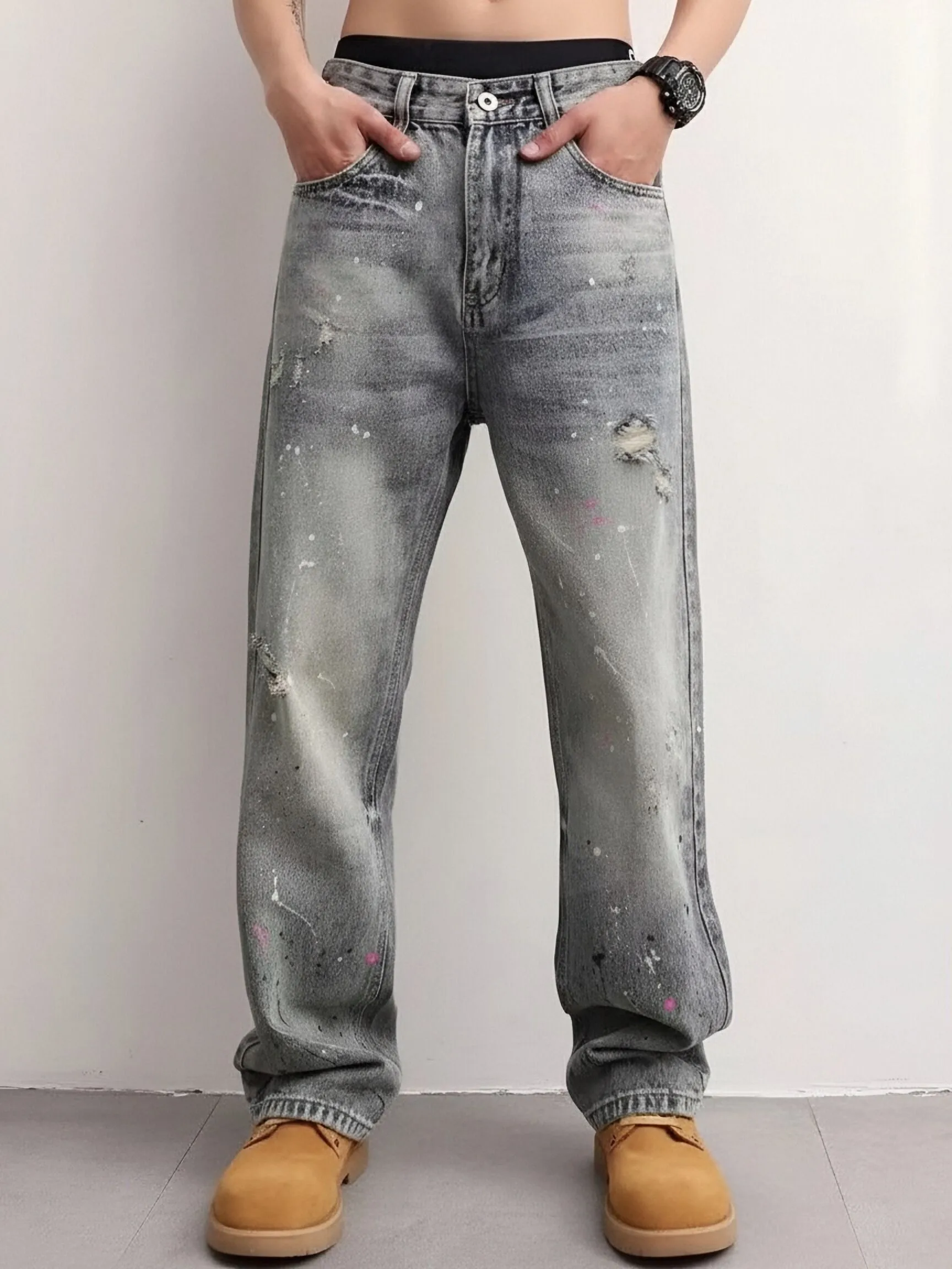 【HME】Men's Jeans | Vintage Grey Washed Distressed Denim Pants For Men, Multi‑Color Paint-Splash Ripped Denim Jeans, Destroyed Holes Baggy Straight-Leg Male Denim Trousers, Elastic Back Waist Denim Bottoms For Street Daily Wear