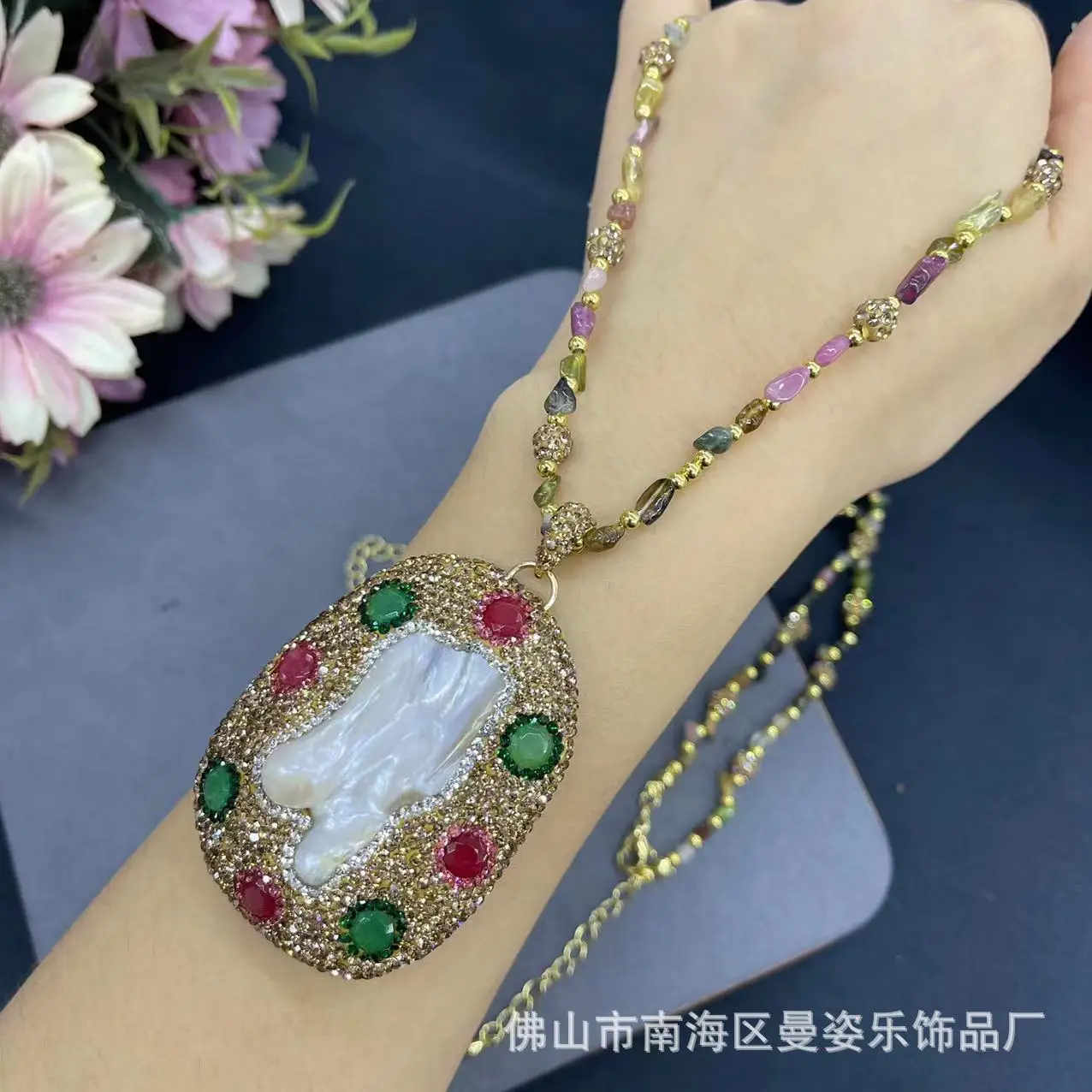 DIY accessories Baroque pearl tourmaline chain ruby inlaid classic sweater chain, French vintage autumn and winter necklace