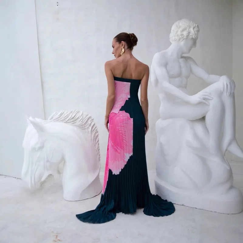 Abito lungo da donna elegante estivo con pieghe a sirena Abito da ballo da cocktail da sposa fluido con spalle scoperte floreale sexy