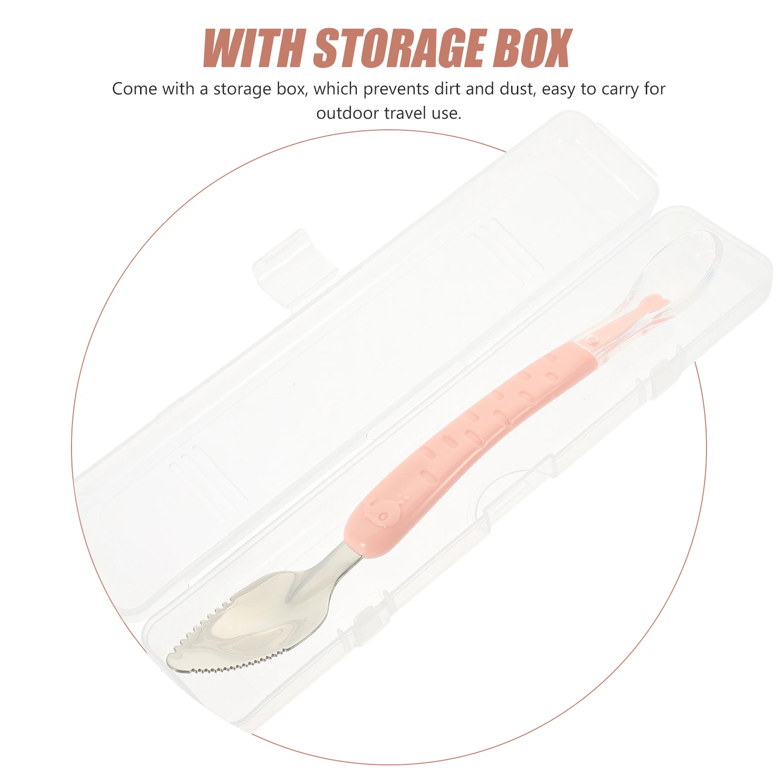 ダブルヘッドベビーピューレスクレーピングスプーン、フルーツやサツマイモの餌やりに最適な鋸歯状のエッジ付きシリコンスチールスプーン、収納ボックス付き