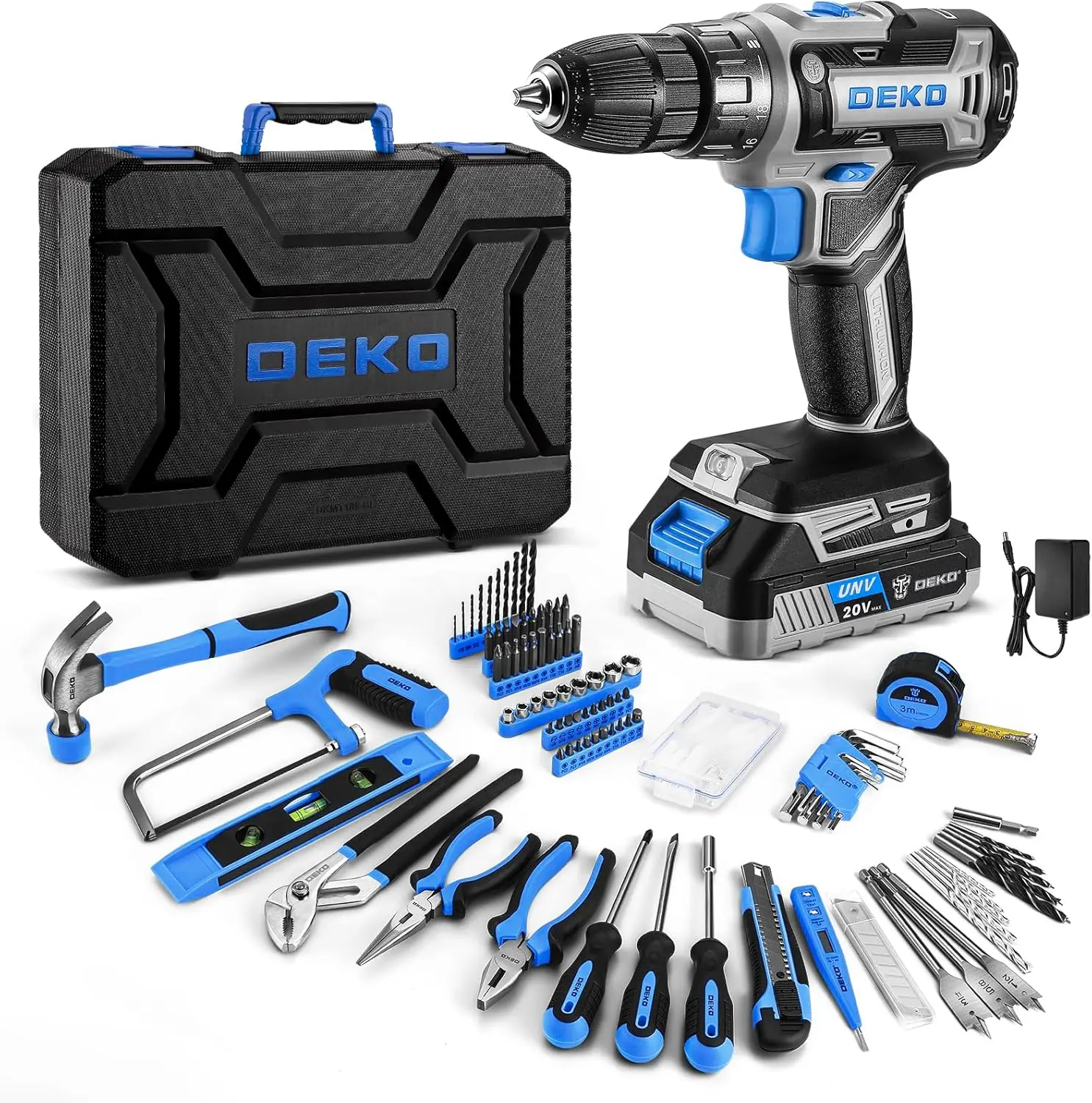 

Blue Drill Tool Kit Set: 20V Cordless Power Drill Tool Box with Battery Electric Drill Driver