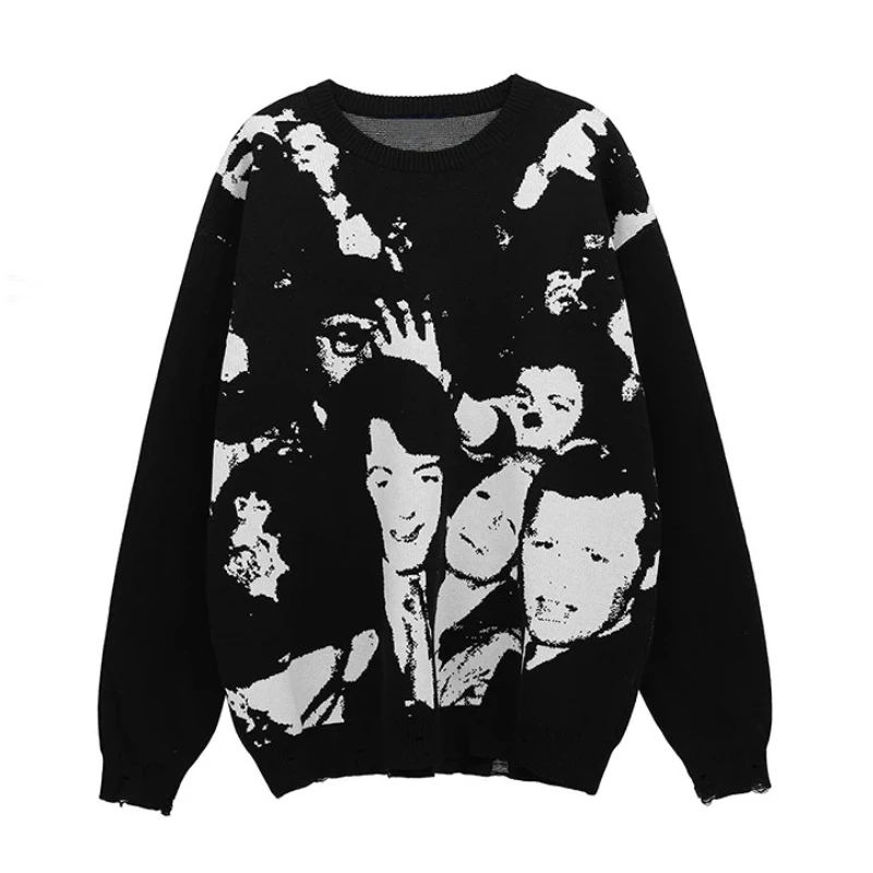 

Autumn and Winter Men's Sweaters Japanese Street Fashion Crowd Figure Loose Round Neck Jacquard Pullover Couple Knit Pullovers
