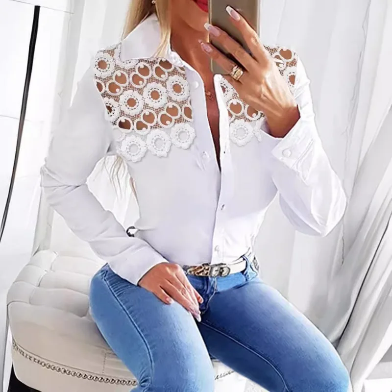 

2024 Spring Summer New Blouse Tops Women Solid Color Hollow Out Lace Stitching Shirt Women Sexy Long Sleeve Single-Brewed Shirt