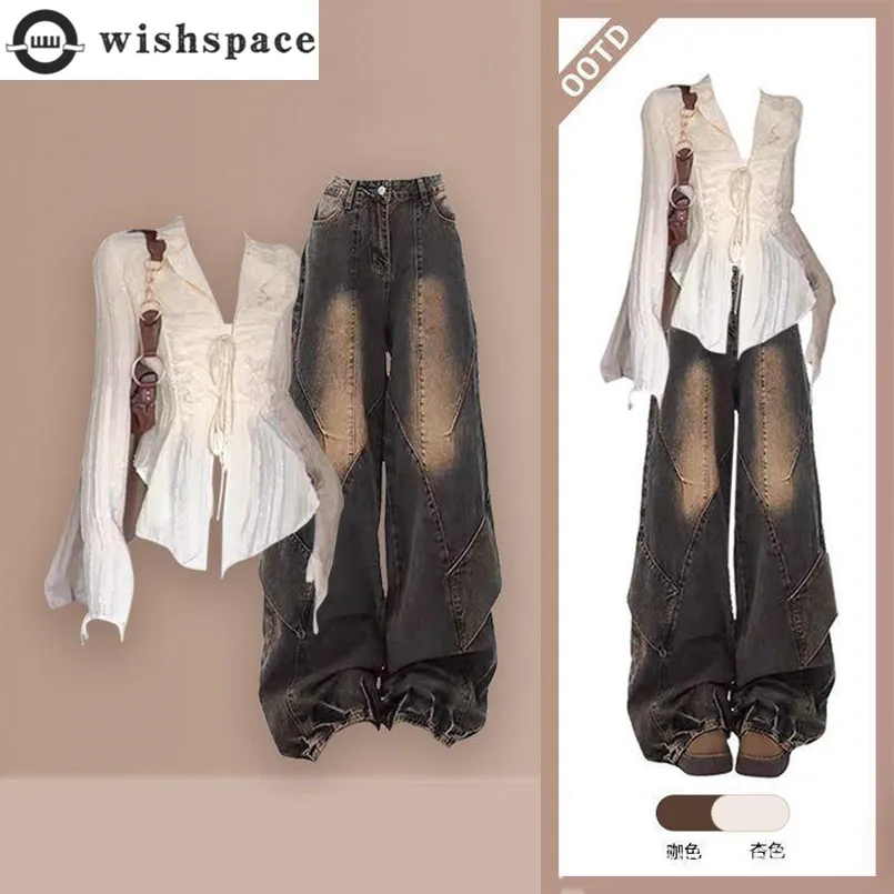 

Весенний комплект, женский новый корейский стиль, возрастной кардиган в западном стиле, топ + ретро-джинсы для похудения, комплект из двух предметов