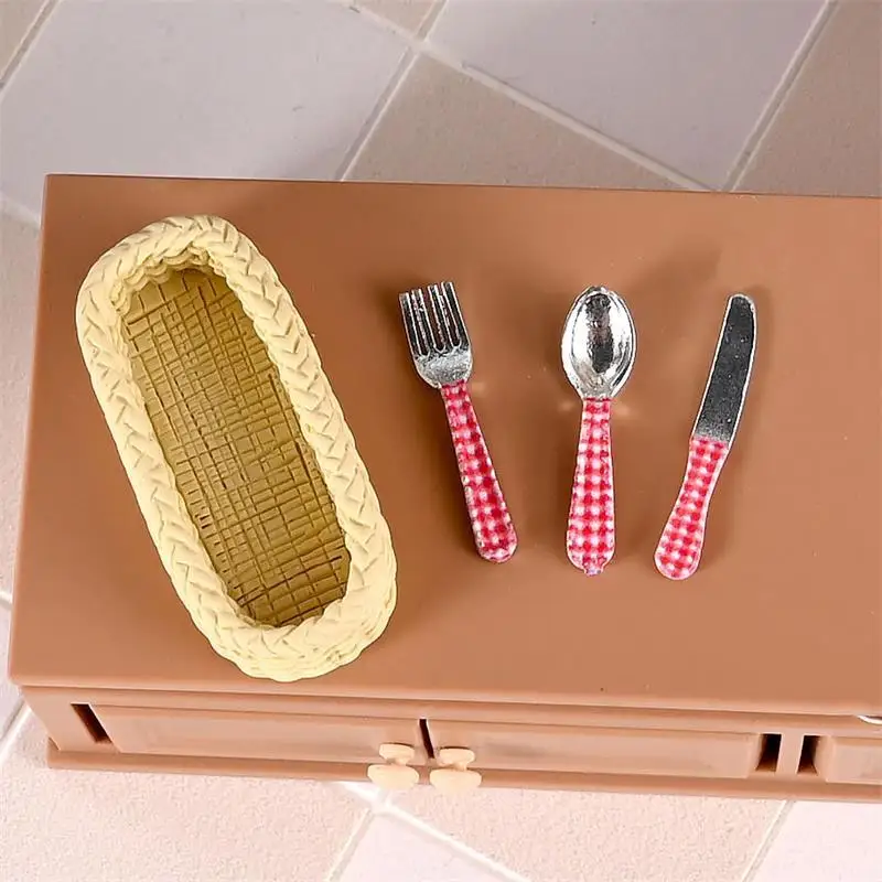 3 Set Dollhouse Miniature Kitchen Toy Plaid Alloy Fork And Spoon Three-Piece Set Model Home Decor Kid Play Toy Ornaments Gifts