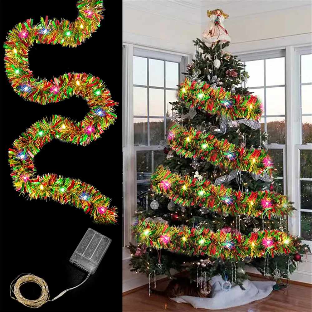 New year 2025 Christmas Garland - 16 Ft Metallic Shiny Tinsel with LED Lights for Tree Decoration - Indoor Outdoor Xmas Party