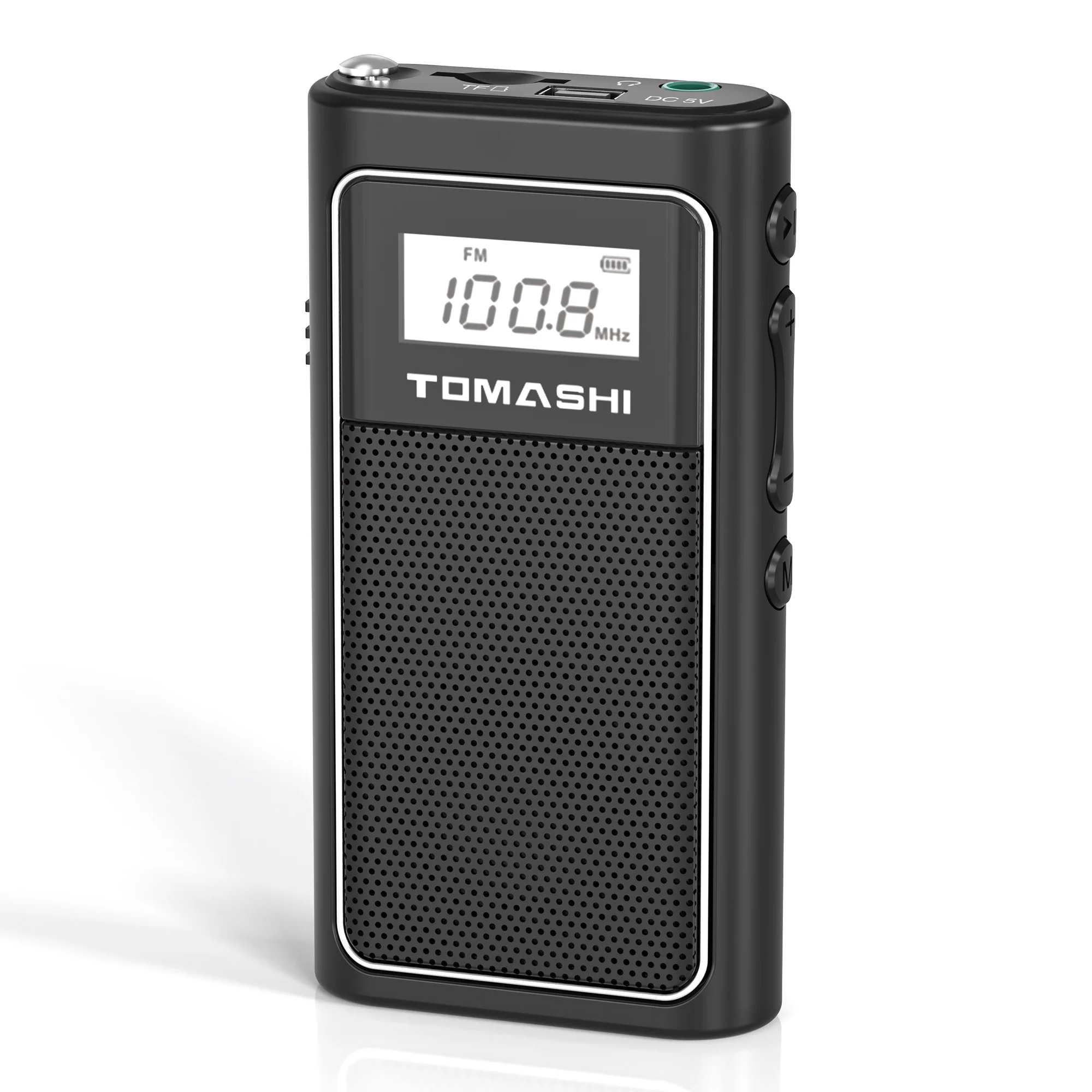 TOMASHI Tiny Portable FM Radio with USB Charging, Pocket Radio with Micro SD Playback and Built-in Rechargeable Lithium Battery