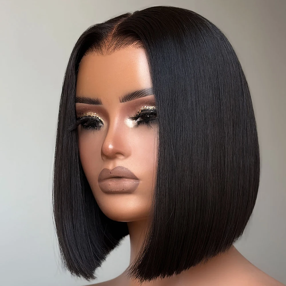 Short Straight Bob Glueless Front Human Hair Wig For Black Woman 13×6 HD Transparent Lace Wigs 350 Density 8-14 Inch Pre Plucked