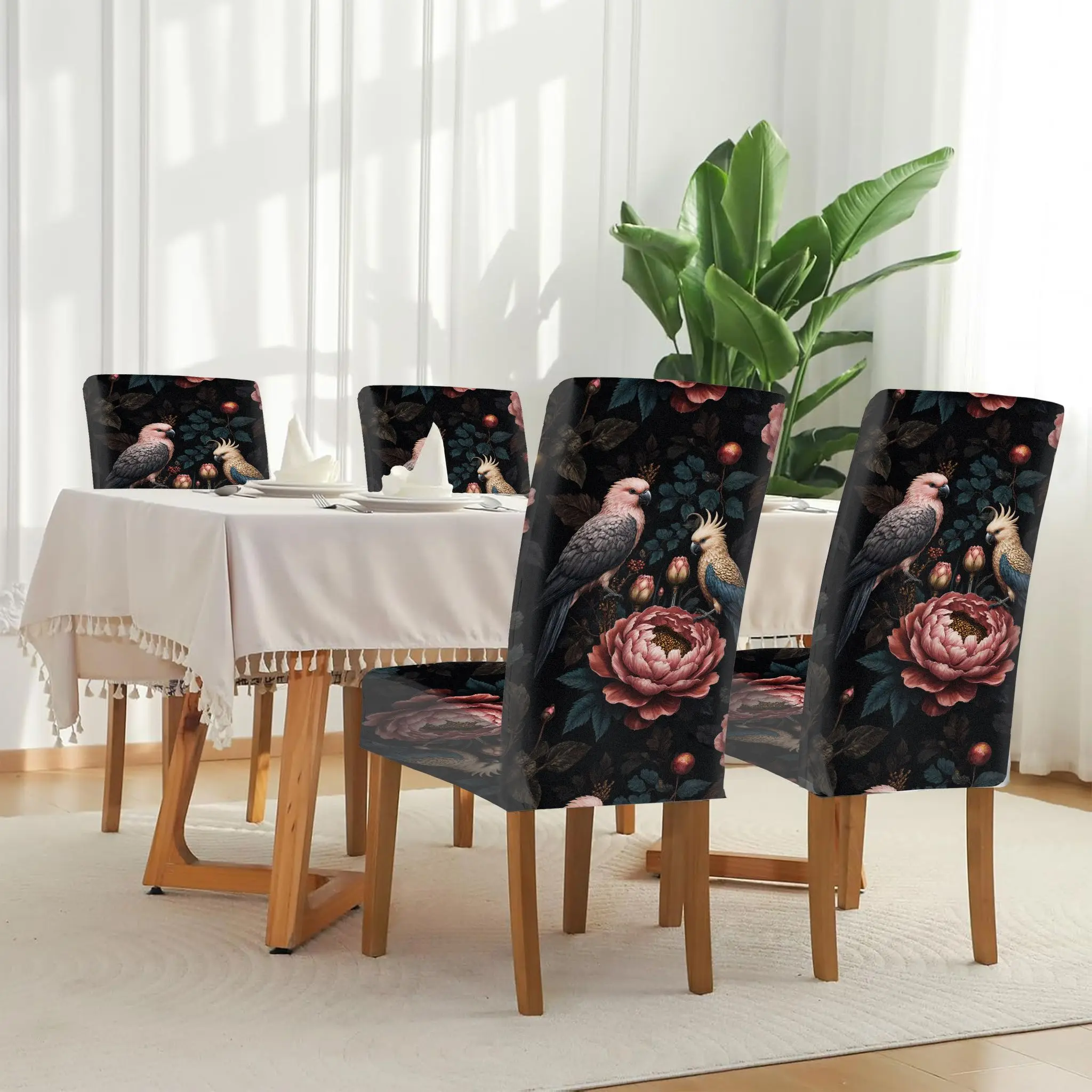 dining chair set with flower and bird illustration pattern on black background, suitable for restaurant kitchen hotel banquet