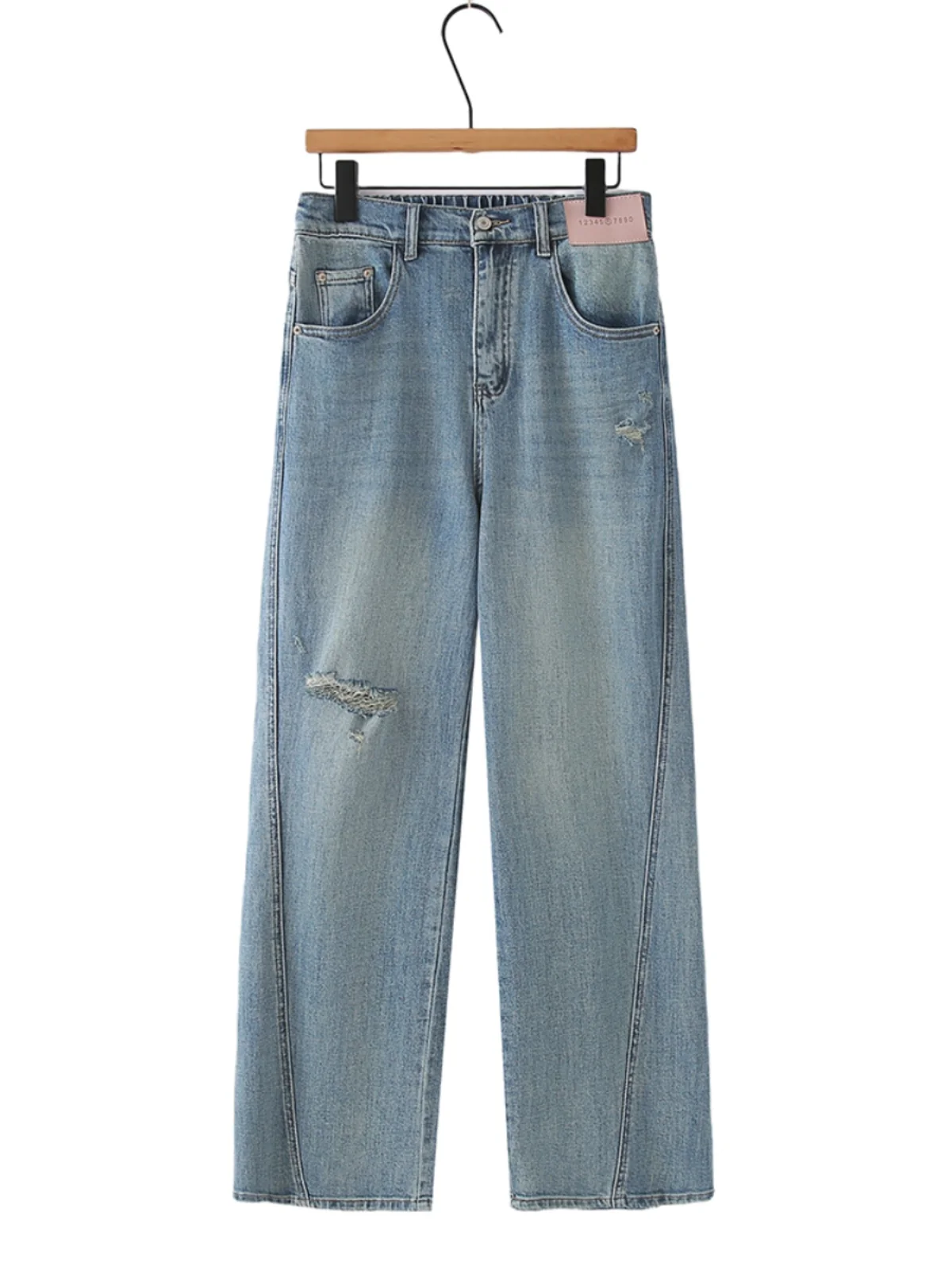 

American Retro High Waist Ripped Denim Pants plus Size Straight Leg 200 Pounds Fat MM Loose Belly Covering Slim Wide Leg Pants