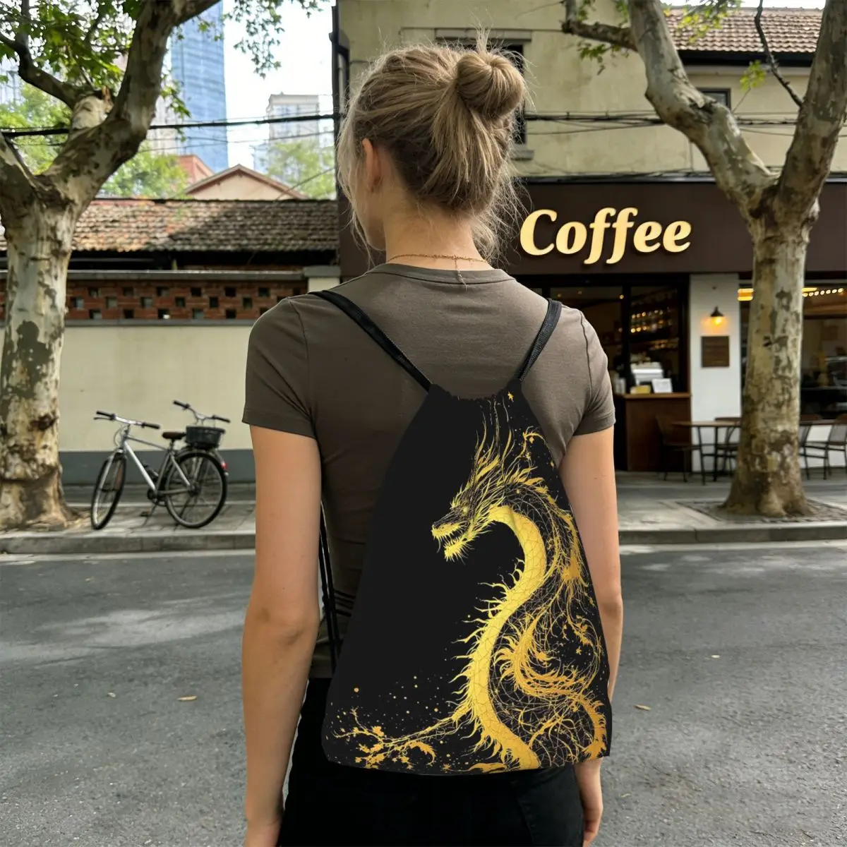 Golden Dragon Pattern Backpacks Portable Drawstring Bags Shoes Bag Book Bags for Man Woman Students