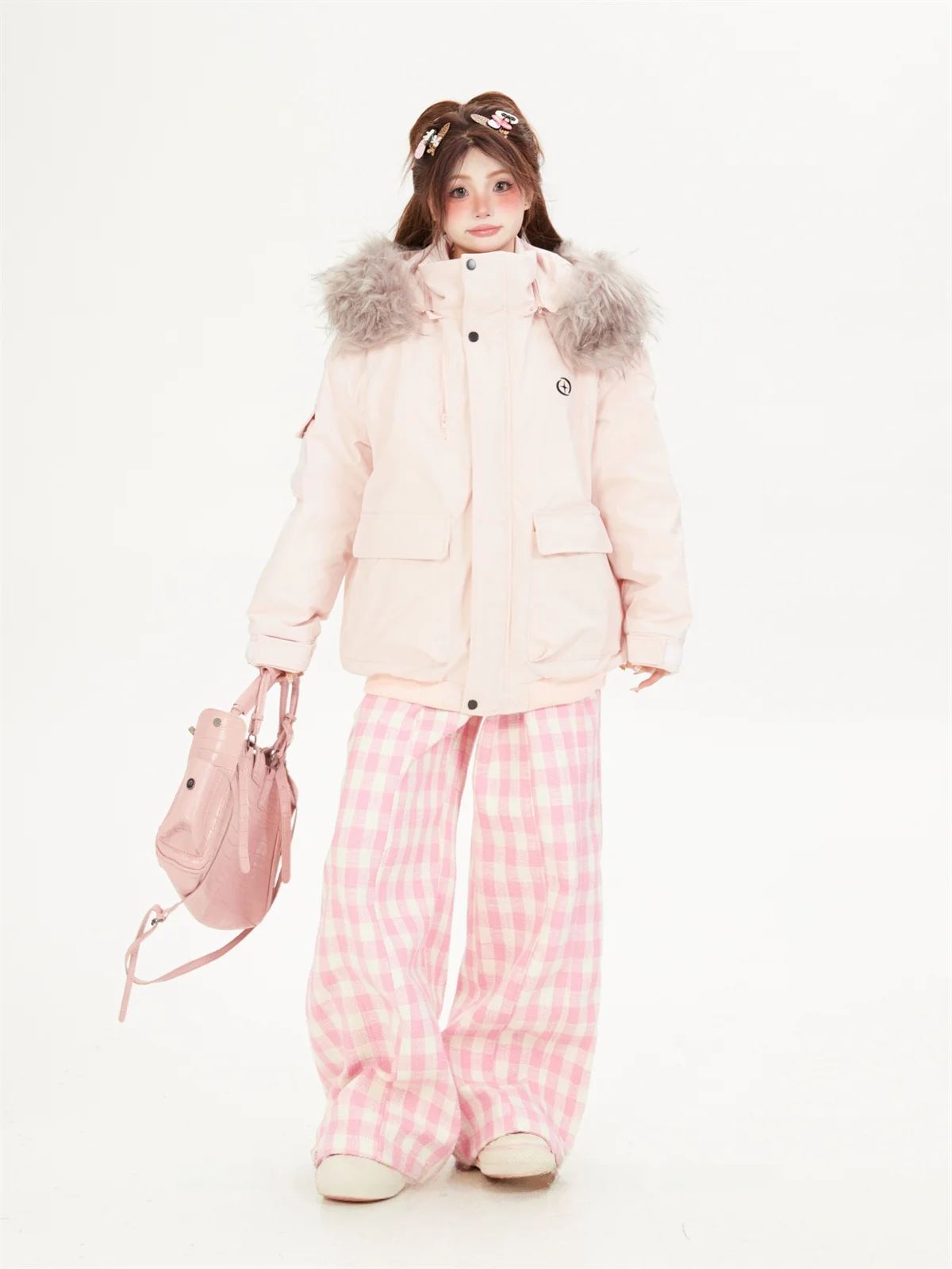 Pink Fur Collar Parka Jacket Women's Winter Loose Cotton Jacket Thickened Long Sleeve Zipper Closure Korean Style Coat