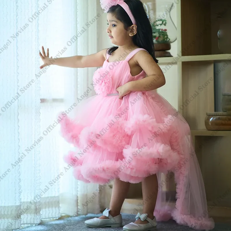 Customized Pink Baby Flower Girl Dress For Wedding Applique Puffy Tulle Ruffles Birthday Party Kids First Communion Ball Gown