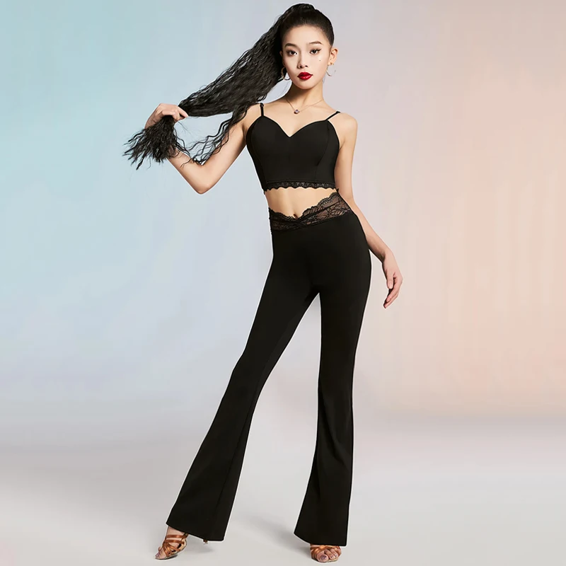 

New Latin Dance Pants Adult Dancewear Top Black Lace Crop Top Women Latin Practice Clothes Dancer Training Costume Brown VBH1778