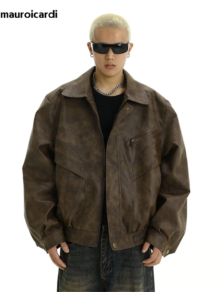 Mauroicardi Spring Cool Handsome Retro Distressed Brown Pu Leather jacket Men Zipper Luxury Designer American Vintage Clothes