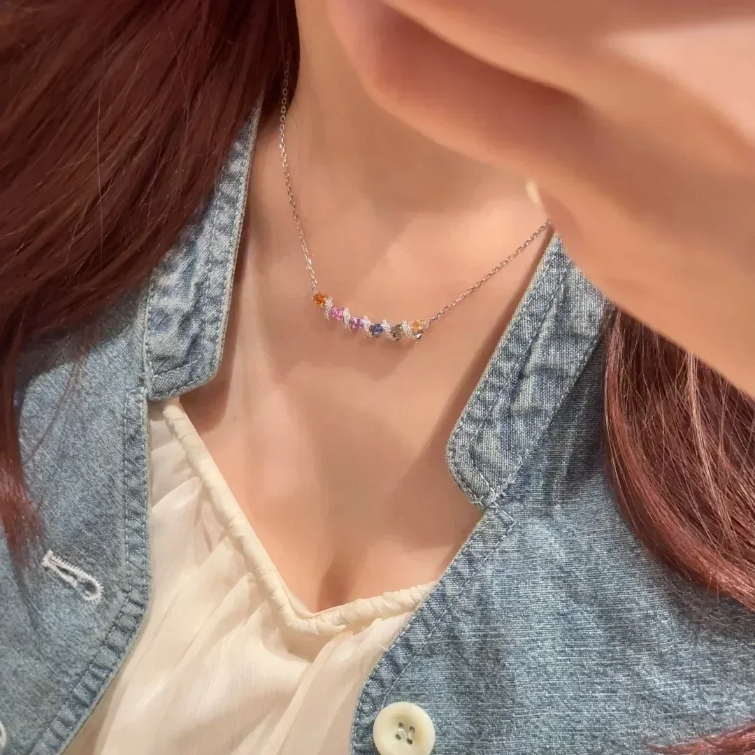 S925 Sterling Silber Halskette mit Bunten Zirkon-Edelsteinen, Schmuck-Accessoire für Damen Abendkleider und Partys – Detail 10