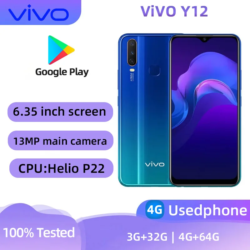 VIVO Y12 4G SmartPhone CPU  MediaTek Helio P22 MT6762   6.35inch  5000mAh  13MP Cameras Android Used Phone