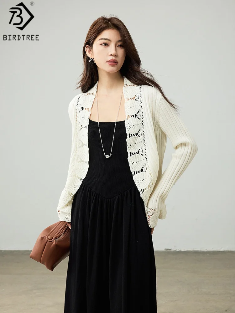 

Birdtree 100% Sheep Wool Design-style Cardigan,Woman Handmade Hook Flower Full Sleeve 2025 Autumn Knit Sweater Coat T59415JF