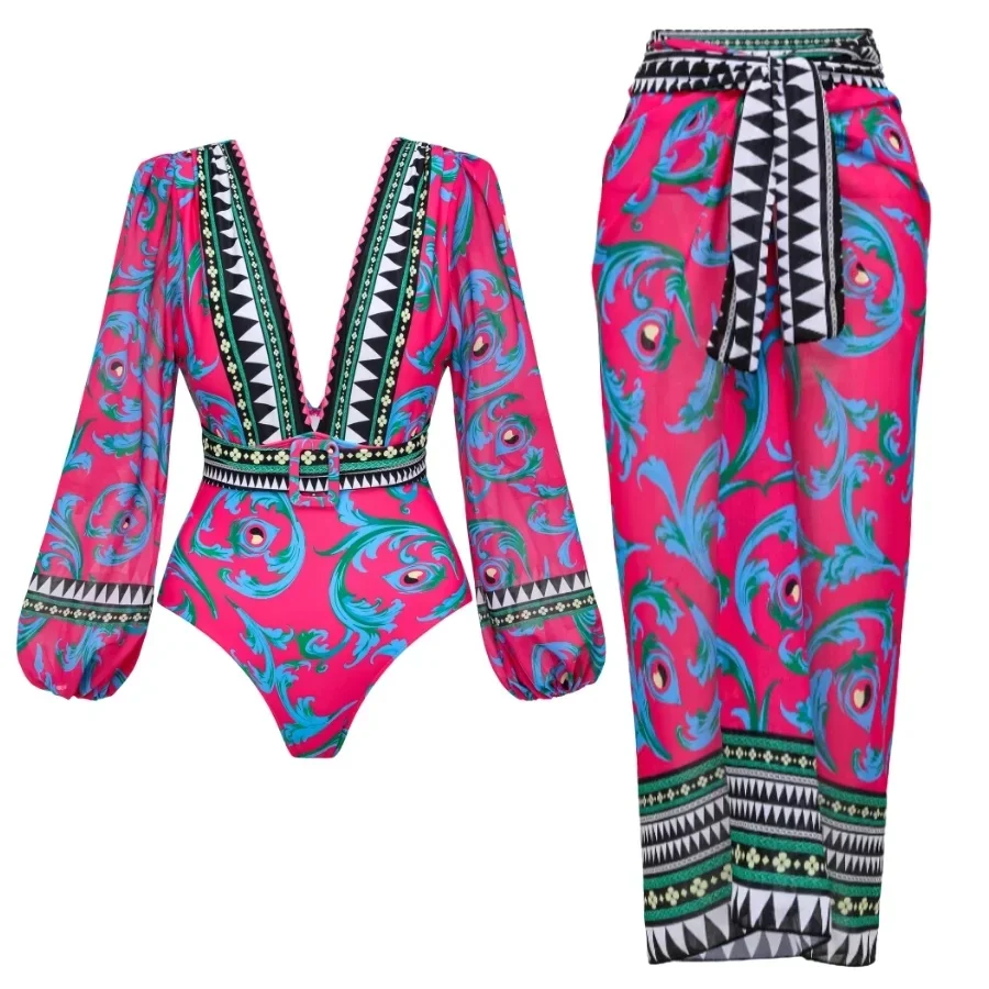 Women's Long-Sleeved Peacock Totem Print V-Neck Beachwear, One Piece Swimsuits, Bathing Suit, Bikini Sets, Swimwear, 2 Pcs