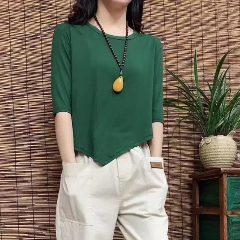 Fashion O-Neck Solid Color Asymmetrical Blouse Women\'s Clothing 2023 Summer New Oversized Casual Pullovers Loose Korean Shirt