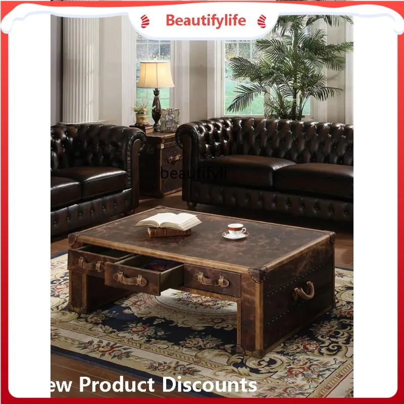 

A506 Журнальный столик в стиле ретро, кожаный столик, кожаный столик с масляным воском, американская вилла, гостиная, журнальный столик в старом европейском стиле